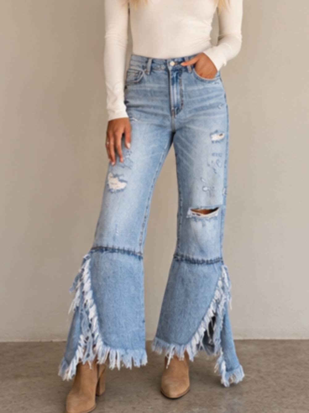 ZARA Trafaluc Denimwear IXD Makers Distressed Flare Jeans With Frayed Panel Hem